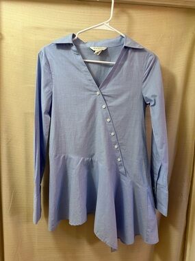 Club Monaco Blue Asymmetrical Peplum Top Cotton XS Button Front Preppy